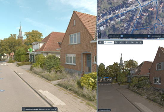 Teccon_mobilemapping_viewer_straat-met-kerk_panoramafoto-en-puntenwolk